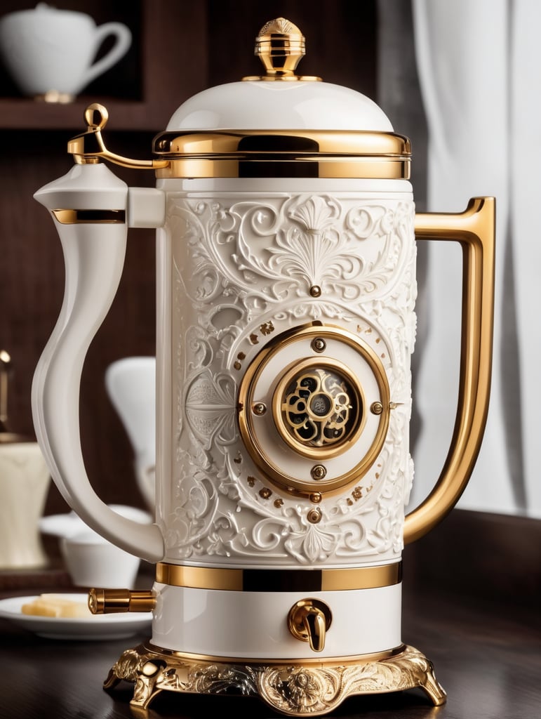 coffee maker made in steampunk style, decorated with gold, carved white plastic, ivory color, deep engraving