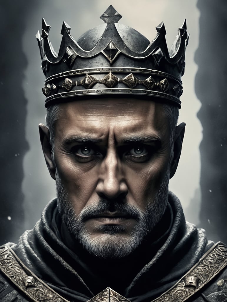 portraying a haunting or eerie aspect of King Arthur's face. Explore elements that evoke an unsettling atmosphere, making the legendary king's visage appear mysterious or ominous.