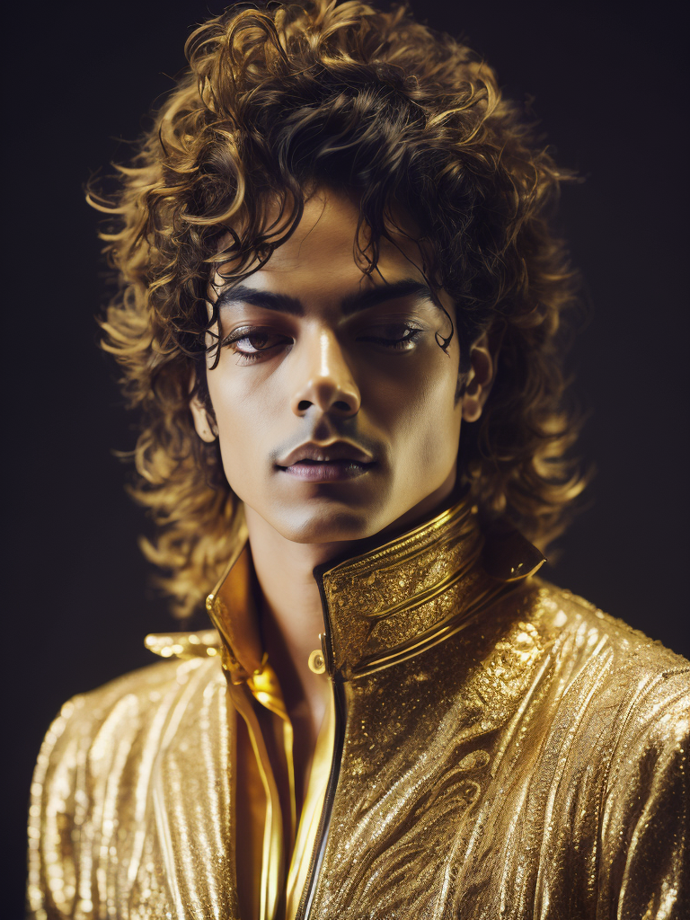 Portrait of Michael Jackson dressed in golden chrome suit, dark gradient background, Vivid saturated colors, Contrast light, studio photo, professional photo, Detailed image, detailed face