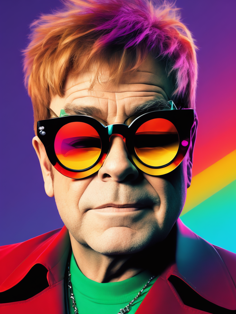 Portrait of Elton John with star-shaped glasses, Against a bright gradient, Vivid saturated colors, Contrast color