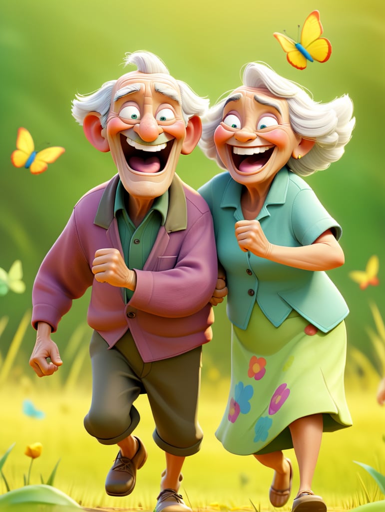 Two retired elder people with wrinkled faces, running in field like children, chasing butterflies using a scoop, smiling and happy, dressed like children, colourful.