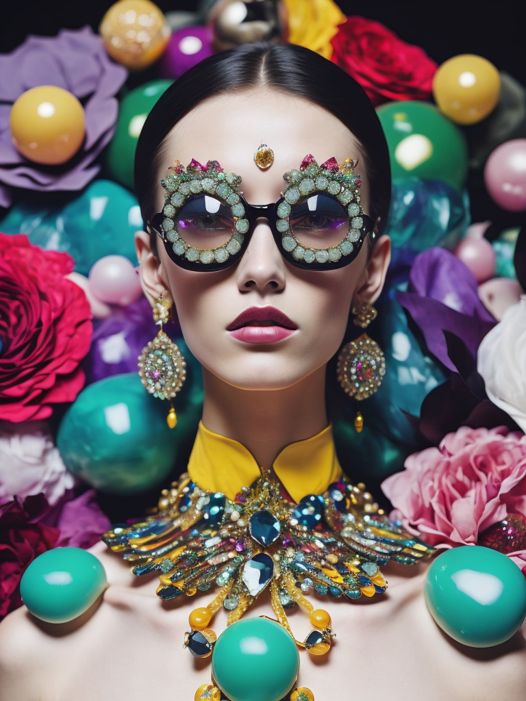 insane bizzare eyeglasses, crystals, bright, colorful rgb, dream world, Alexander McQueen Glazier demonic boy, monster face, vampire, horrific, arty pose, fashion, massive huge jewelry, precious gems, massive pearls, giant white diamonds, retrofuturistic, crystal, marble, glass, floral, massive big flowers, gem flowers, hyper neon glow, dark, moody, diaphanous layered ultra haute couture, high definition, high resolution, bold vibrant colors , volumetric lighting, 8k, 3d rende, style by dior, style by channel, by Jimmy Marble and Takashi Murakami