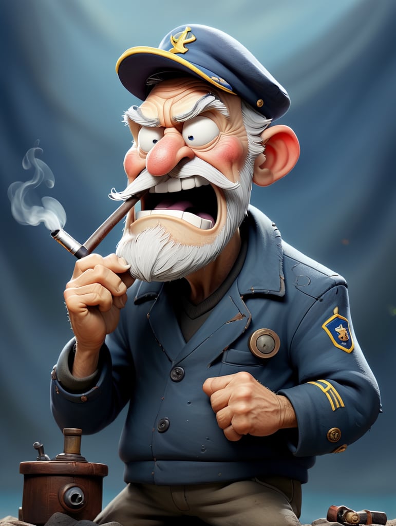 grumpy old sailor captain, torn and tattered clothes, smoking a pipe, comic book art