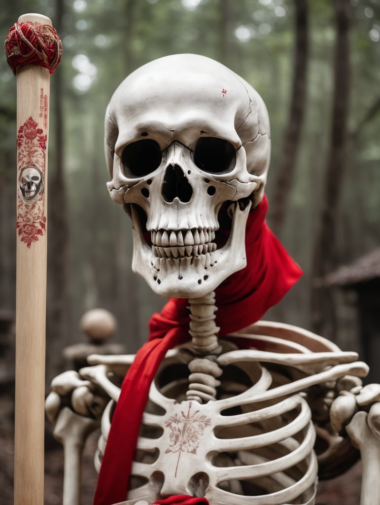 a head of a skeleton with a piece of red cloth over the eyes placed on a wooden stick in a shrine like manner