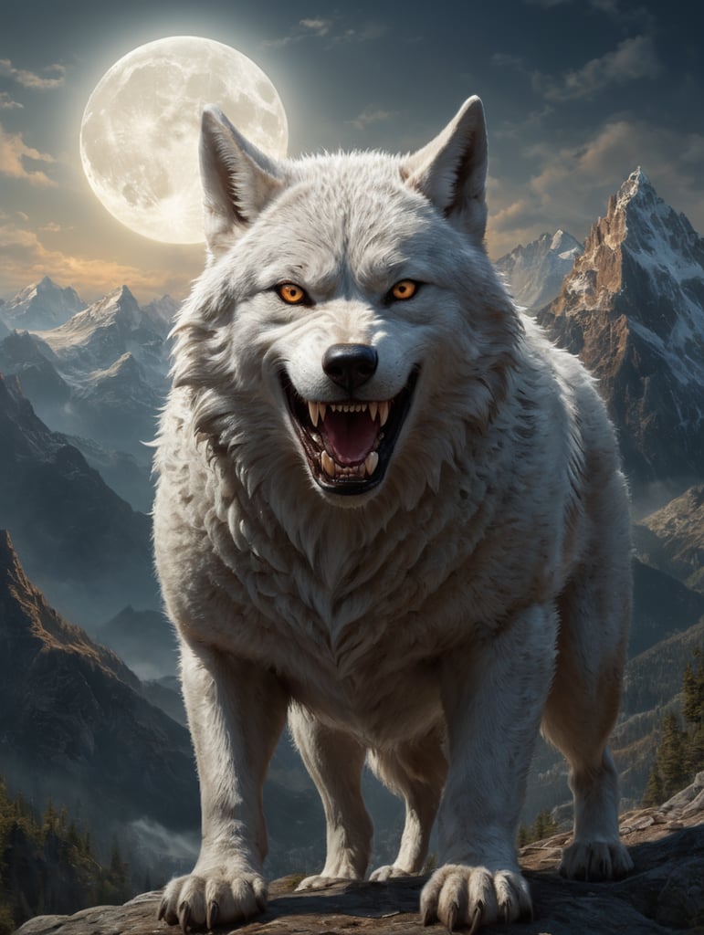 Оскал волка на фоне гор ночью под свет луны, у волка белые крылья
