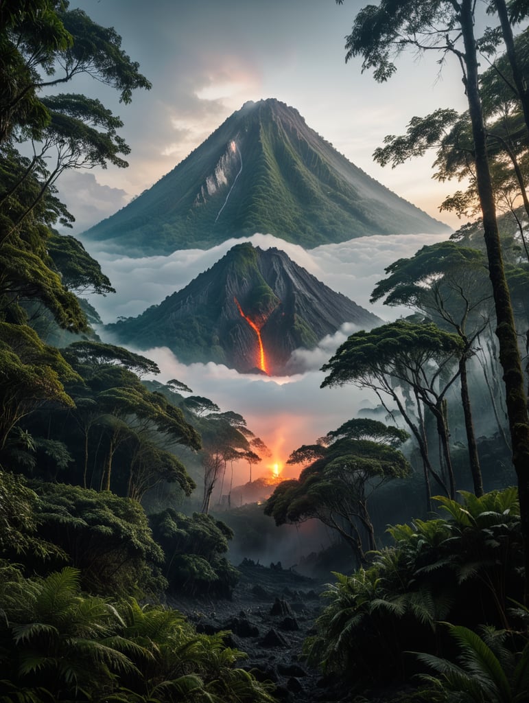 Forest with Mount Merapi as well as fog and some lava , epic, masterpiece, Cinematic, Ultra HD, Professional photography