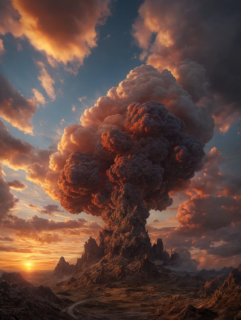 create an image of clouds in the shape of kidneys at sunset