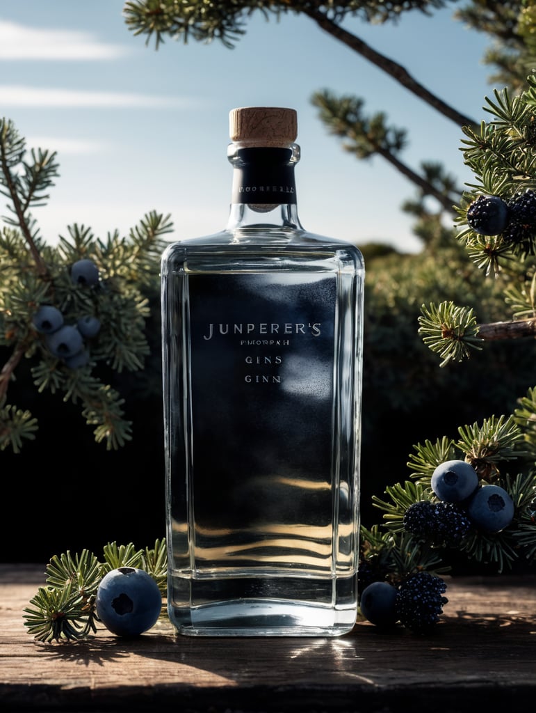 professional photography of a square gin bottle, square bottle, surrounding a juniper and juniper berries, one shot of gin in a front, no label, clear, mockup