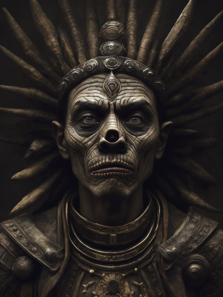 In this powerful and evocative image, mictlantecuhtli, the ancient aztec god of the underworld, emerges in all his ominous glory. rendered predominantly in stark black and white, with subtle gradations of gray, the depiction showcases the deity's menacing presence and serves as a testament to his authority. mictlantecuhtli's face embodies an intense fury, with furrowed brows and eyes ablaze with anger. his facial features are sharp and defined, with deep-set eye sockets that pierce through the darkness. elongated, bony structures form his skeletal visage, accentuating the otherworldly nature of his being. jagged teeth, stained and yellowed, protrude menacingly from his mouth, capturing his ferocity and instilling fear in those who behold him. the environment surrounding mictlantecuhtli reflects the essence of his era, transporting us to the aztec underworld known as mictlan.