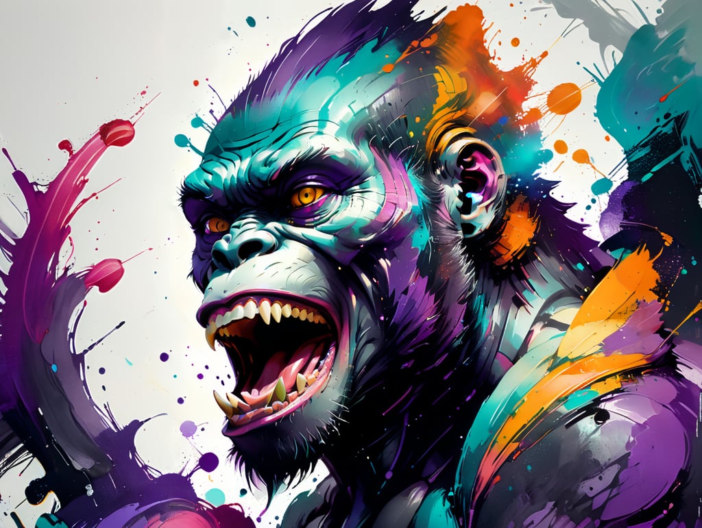 A wide shot of a purple gorilla with lots of other colours shouting