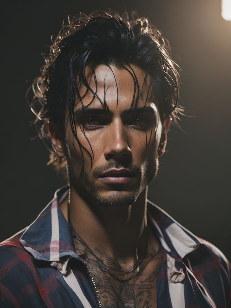 Portrait of a handsome indigenous male gang member, tattoo of a red bear on his chest, bright and saturated colors, elegant, highly detailed, vogue, fashion magazine, sharp focus, bright expressive makeup, dramatic lighting, depth of field, incredibly high detailed, blurred background