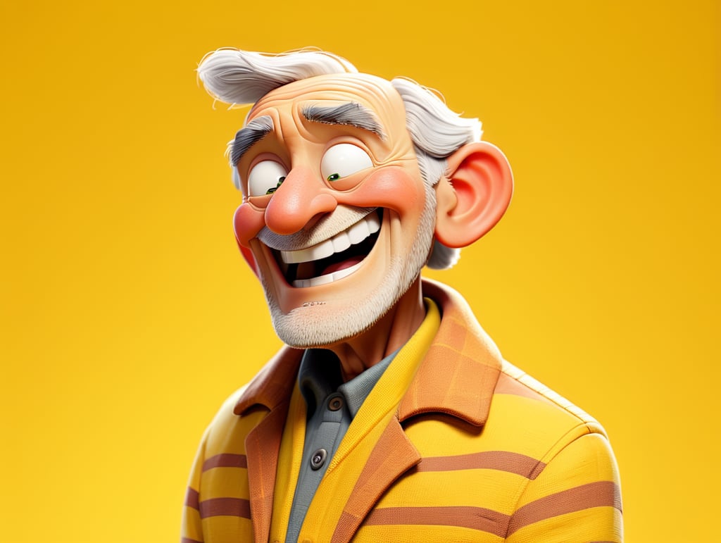 Smiling and cheerful old man in a striped jacket on an isolated yellow background