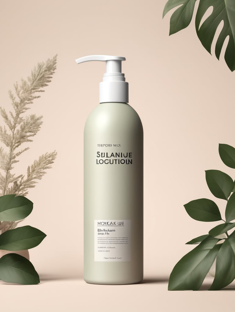 Skincare lotion blank bottle mockup, botanical background