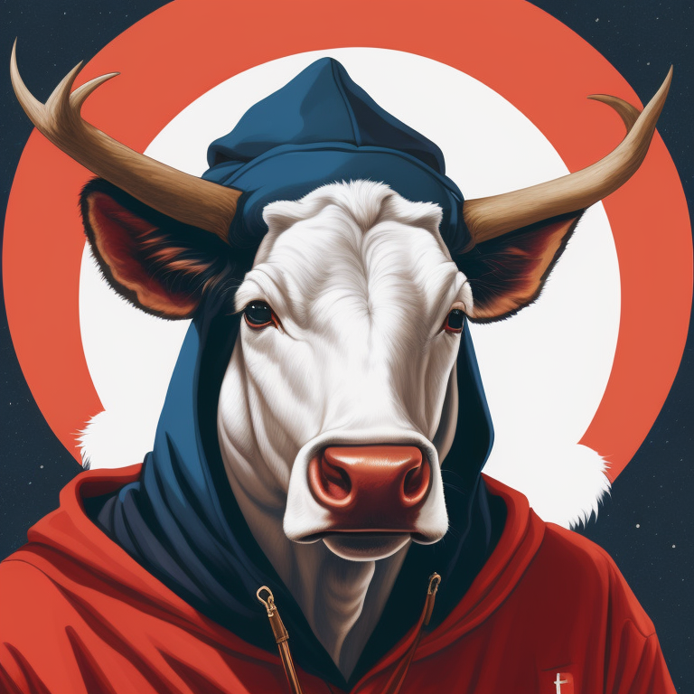 white cow ,smile tooth,portrait, blue hoodie, red hat, vintage, photorealistic illustration, vector, flat, isolated on white background, Painting, Oil, Still Life, Botanical, Italy, style of Giuseppe Arcimboldo