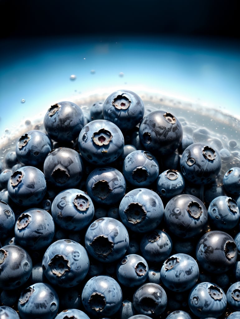 only blueberries everywhere floating, mixed blue liquid, blue background, smoke, sky look, 4k photo-realistic