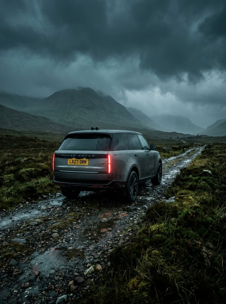A dark grey luxury SUV rests on a rugged gravel track traversing a desolate, moss-covered landscape under a brooding, stormy sky. Viewed from a low rear angle, the vehicle's aerodynamic contours are punctuated by glowing, narrow red taillights that pierce the gloomy atmosphere. The uneven terrain features patches of dark green vegetation and small, reflective puddles. Massive, rolling hills fade into the foggy background, anchoring the cinematic composition. A muted, cool-toned color palette dominated by deep teals, greys, and earthy greens creates a striking contrast with the vehicle's crimson lights, emphasizing the harsh, isolated environment.