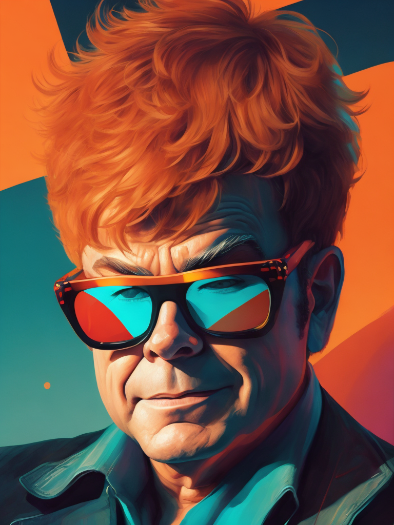 Portrait of Elton John with star-shaped glasses, Against a bright gradient, Vivid saturated colors, Contrast color