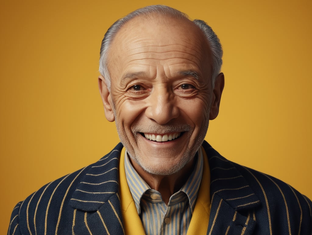 Smiling and cheerful old man in a striped jacket on an isolated yellow background