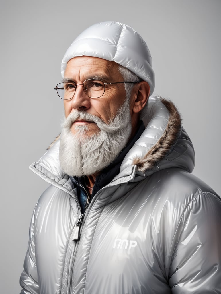 Inflatable white minimalist old man with beard puffer jacket, transparent, isolated, grey background, mockup