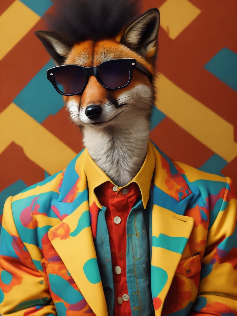A fox wearing a brightly patterned jacket and wayfarer glasses, Vivid saturated colors, Contrast color