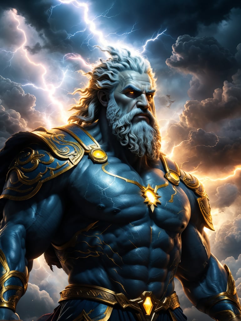 Create me an very high qualtiy picture of Zeus in the Sky with lightningstrikes in the background