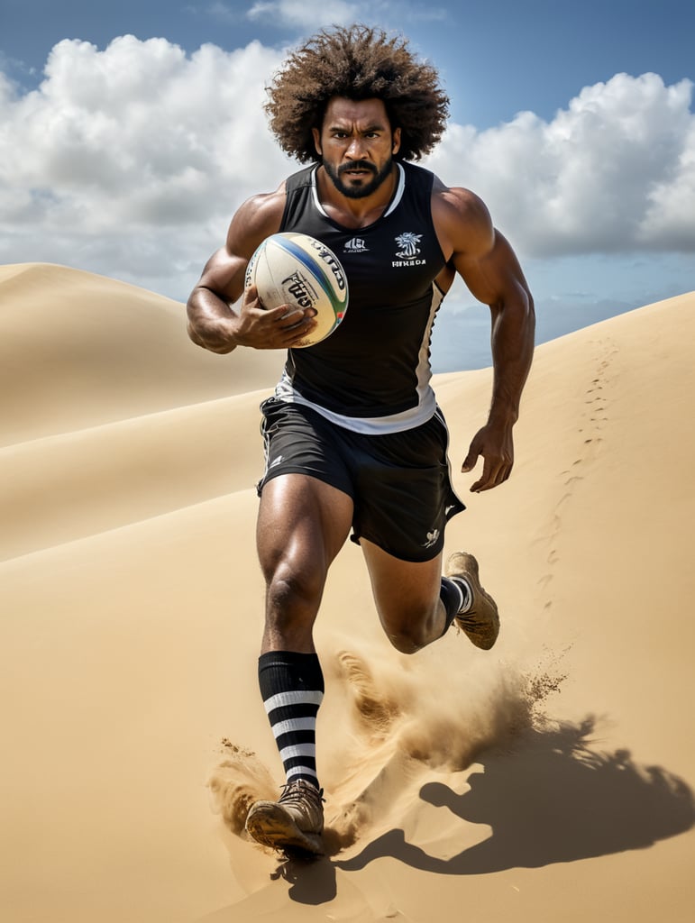 A Fijian warrior with long frizzy, wearing black shorts, clear white vest, rugby boots with long white and black stripe socks,running with a rugby ball in his hand, training at the sand dunes at Sigatoka, Fiji