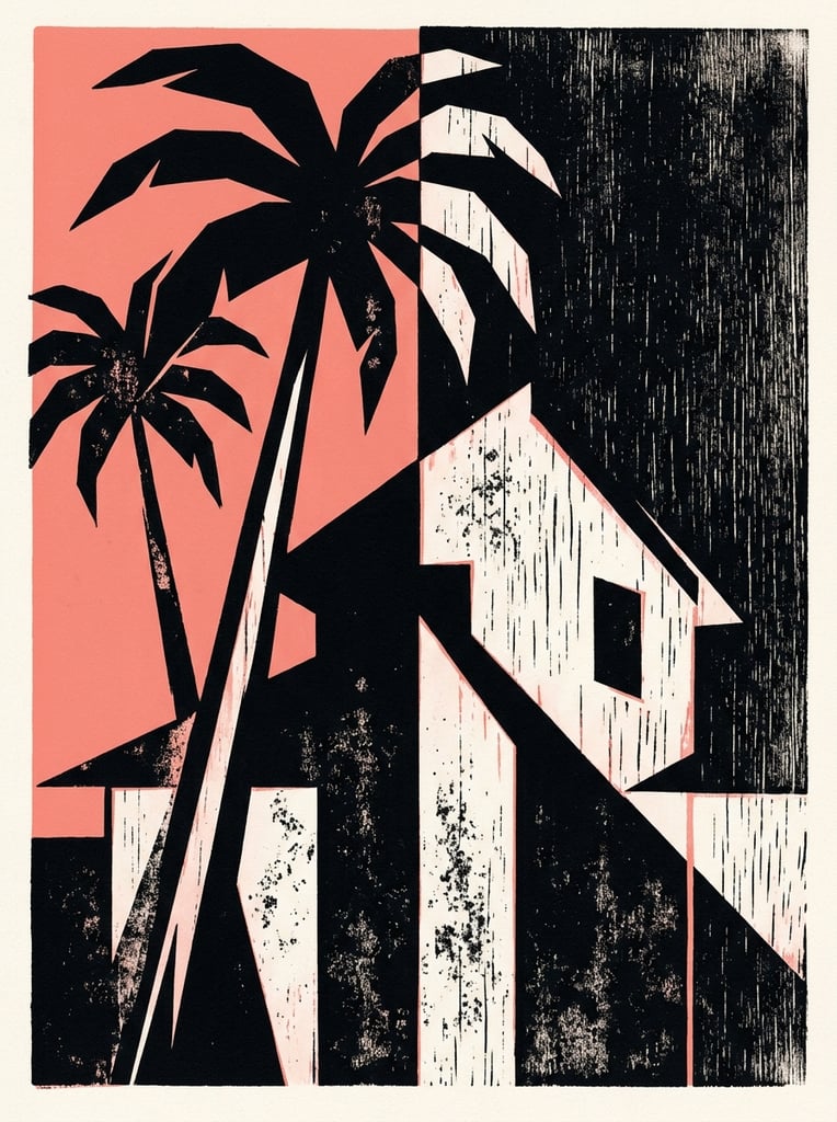 A graphic woodblock print of a house positioned next to two palm trees, executed with sharp, geometric abstraction and stark high-contrast lighting. The structural forms of the house and the sweeping fronds and trunks of the palm trees are fractured into harsh, angular planes of light and shadow, utilizing a strictly limited color palette of deep flat black, muted coral pink, and pale off-white. Dramatic, hard-edged chiaroscuro divides the subjects, leaving sections completely submerged in solid black ink while adjacent flat planes are brightly illuminated. Pronounced vertical woodgrain textures and granular, mottled ink artifacts are heavily stamped into the off-white surfaces and the deep black shadow sections. The flat, two-dimensional composition features strong Art Deco and Cubist sensibilities, set against a starkly bisected background that contrasts a solid coral pink zone on one side with a densely textured, wood-scraped black expanse on the other.