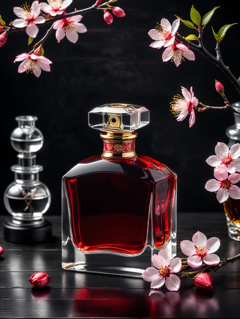 professional photography of a luxury perfume bottle on a black wooden desk, red satin scarf and sakura blossom in the background, no label, clear, mockup