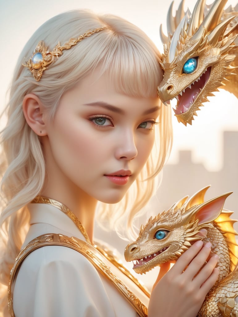 Cute young blonde headed cyberpunk girl holding her golden baby dragon, fantasy, exquisite detail, catch light, low contrast, high sharpness, depth of field, golden hour, ultra detailed photography, shiny stars in the sky