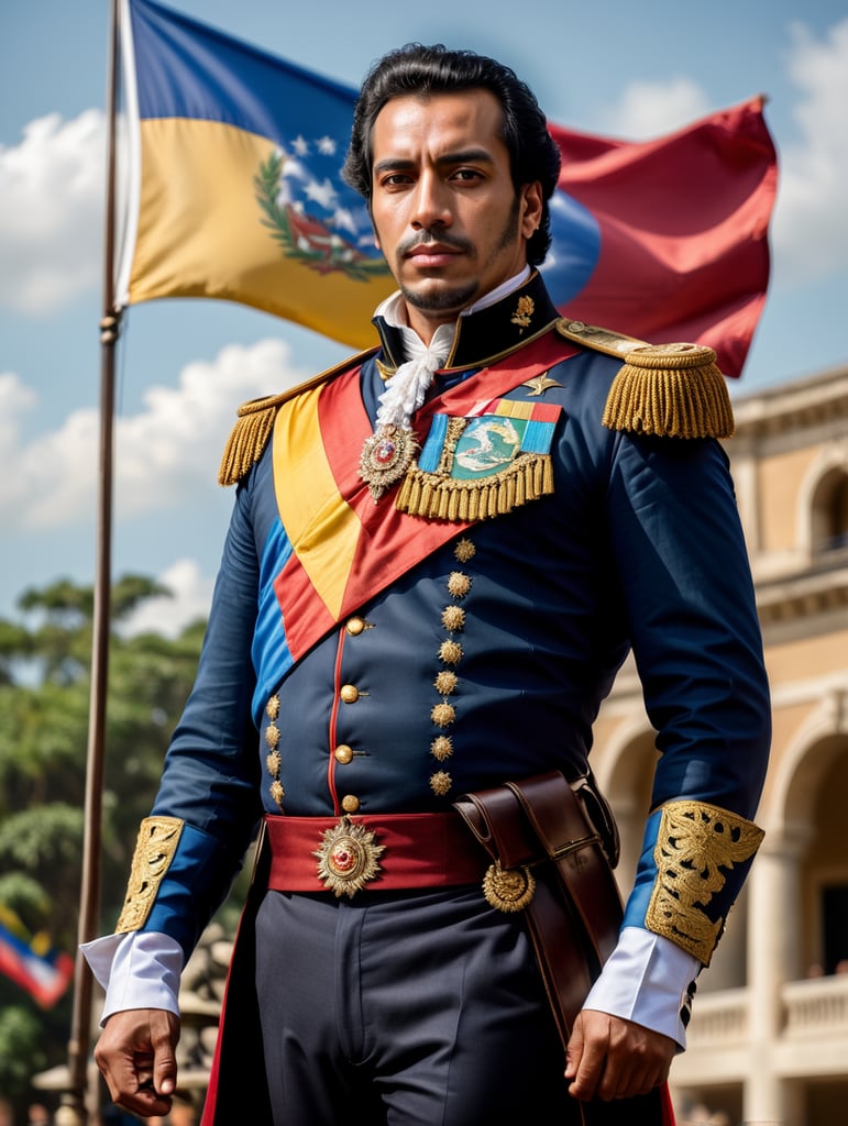 El Libertador Simón Bolívar vestido a la moda italiana moderna, pero estilo año 1810 y de fondo la bandera de Venezuela