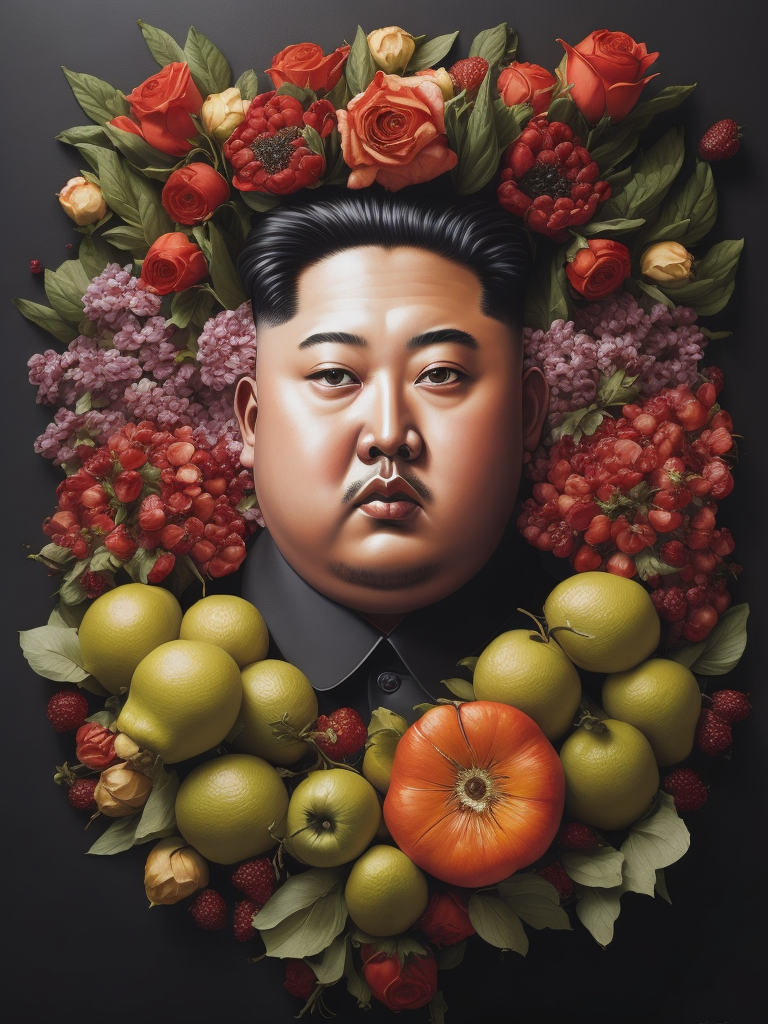 a painting of Kim Jong Un head surrounded by flowers and fruit, Painting, Oil, Still Life, Botanical, Italy, style of Giuseppe Arcimboldo