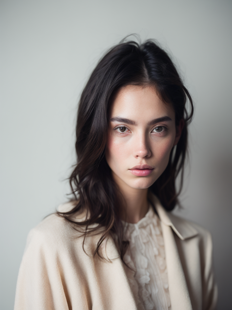 A photo close-up of a beautiful black haired woman with freckles, fashion editorial, studio photography, magazine photography, pointed nose, blurry background