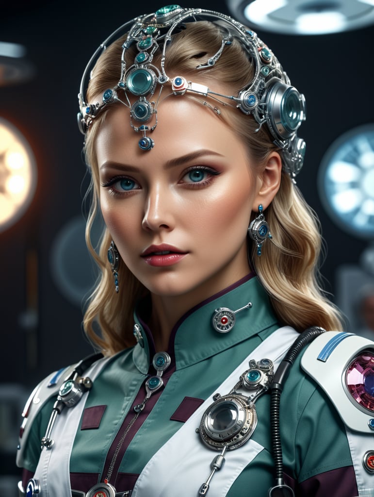 Crie uma linda modelo nórdica, vestindo uniforme para cirurgia médica usando semijóias Mag com Estilo e Profissionalismo