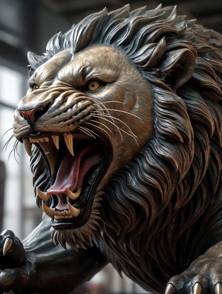 Create a clear glass polycarbonate sculpture angry lion ,and looking in Down of the camera and roaring