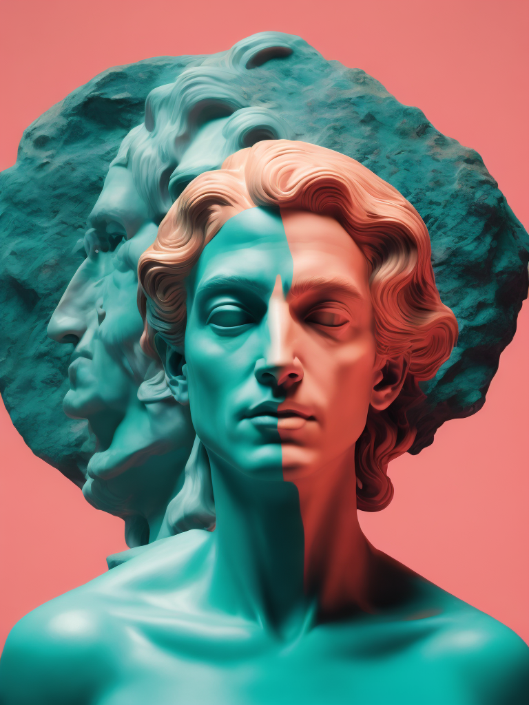 Human head on a pink colored background, in the style of dark cyan and light aquamarine, neoclassical sculptures, photo - realistic techniques, light cyan and orange, fluid photography, photo - realistic hyperbole, neoclassical figures, live eyes