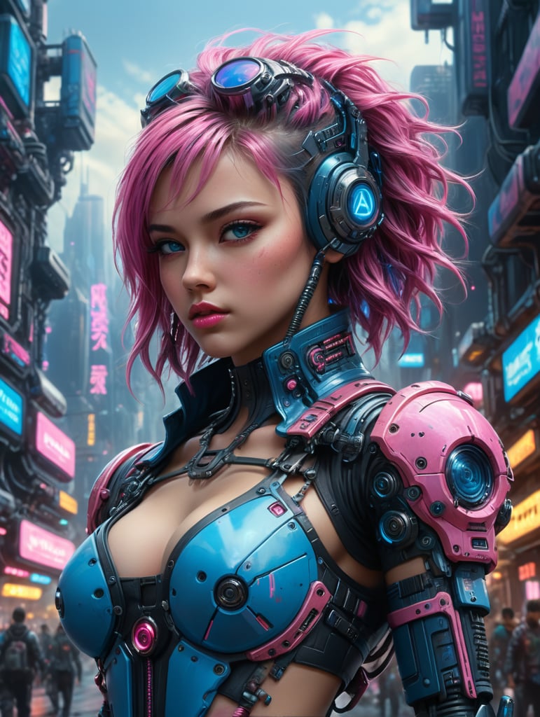 Beautiful girl in a cyber punk city, pink and blue