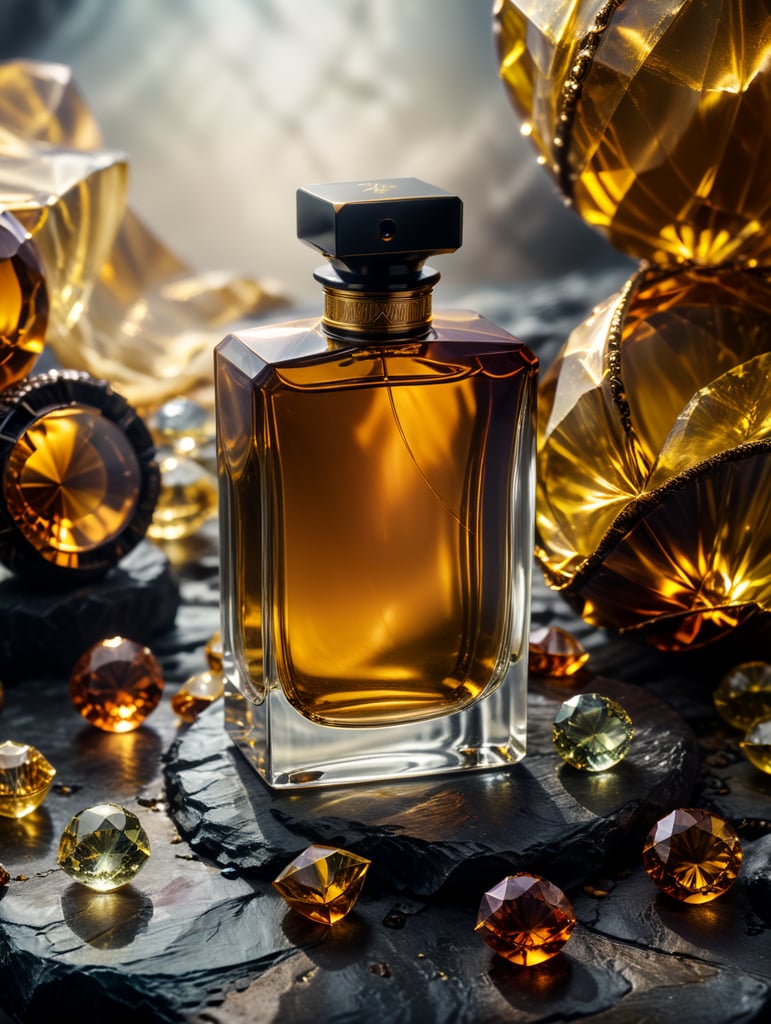 professional photography of a luxury perfume, surrounding an amber gems, yellow satin scarf background, no label, clear, mockup