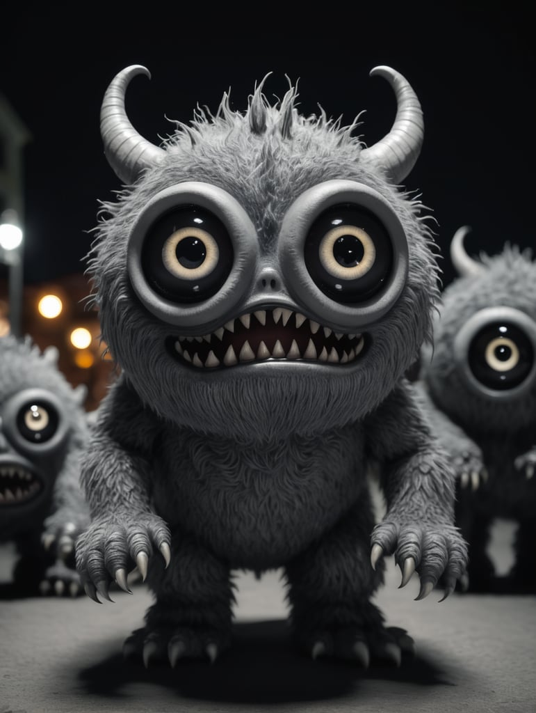 very cute, realistic grey monster whit many eyes standing in background complete black, unsettling, wide angle, night time, shot on Leica