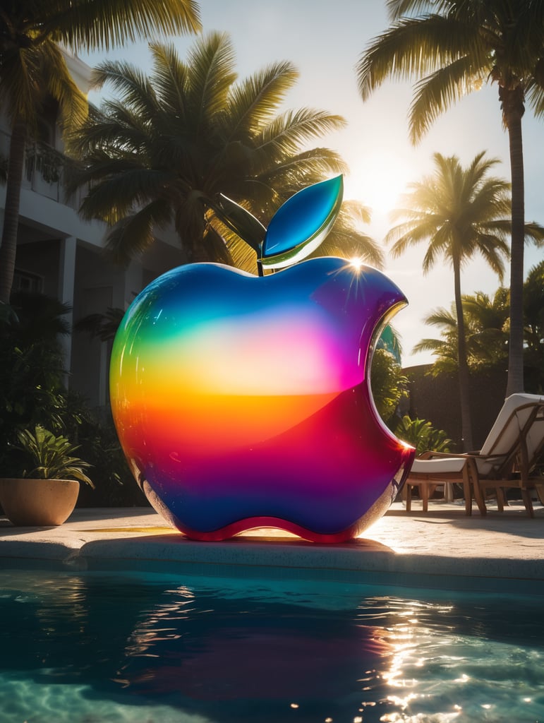 hyper realistic apple imacs as clear plastic pool float with sunlight shining through, neon palette, miami beach, unreal engine, octane render, cinematic lighting, highly detailed miami beach, y2k, bright colors, hyperrealistic, low angle, 16k, 8K UHD, 8K texture, cinematic, rim lighting, neon palette, color theory, dramatic, volumetric lighting, 35 mm, in focus, unreal engine, highly detailed, octane render, ultra high resolution