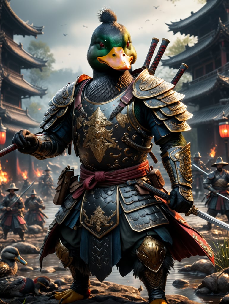 Duck samurai, battlefield, hyper realistic