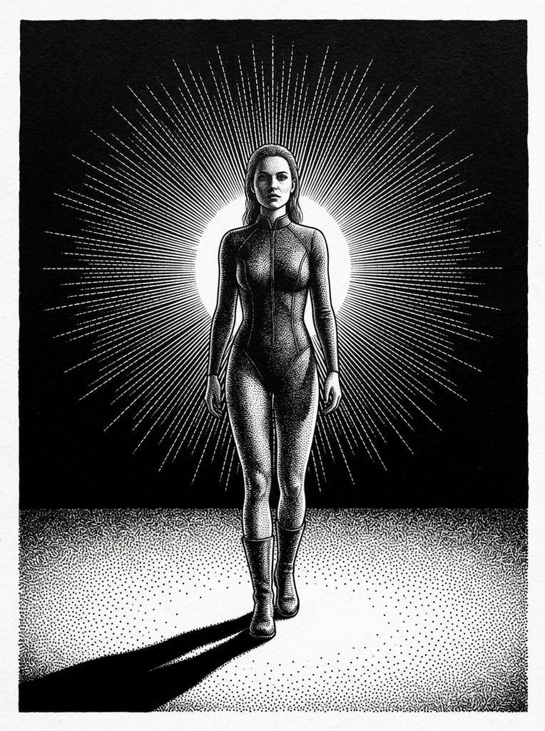 A woman standing in a tight bodysuit and boots, executed in a high-contrast, monochromatic pen-and-ink engraving style utilizing meticulous stippling and pointillism. Her figure is centrally positioned, with the contours of her body, suit, and boots defined by varying densities of microscopic black dots and fine cross-hatching that create profound chiaroscuro lighting and dimensional volume. Directly behind her, a brilliant sunburst of precise, radiating dashed white lines expands outward and upward into a vast, pitch-black upper background, forging an intense backlit halo. She stands on a heavily textured ground plane characterized by a dense gradient of black stippling over a stark white base. A sharp, solid black cast shadow stretches diagonally from her boots across the dotted foreground toward the lower left. The minimalist composition relies entirely on precise ink marks, utilizing stark optical contrast, radiating linework, and rigorous pointillist shading to render the stark, graphic scene.