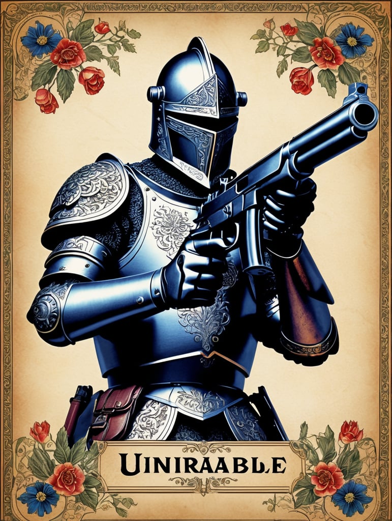 intricate floral parchment background, close up shots of one single ironclad armored medieval knight holding gun glock shooting POV, handgun wielding, firearm, vintageillustration, , with the latin texbox saying "unparriable"