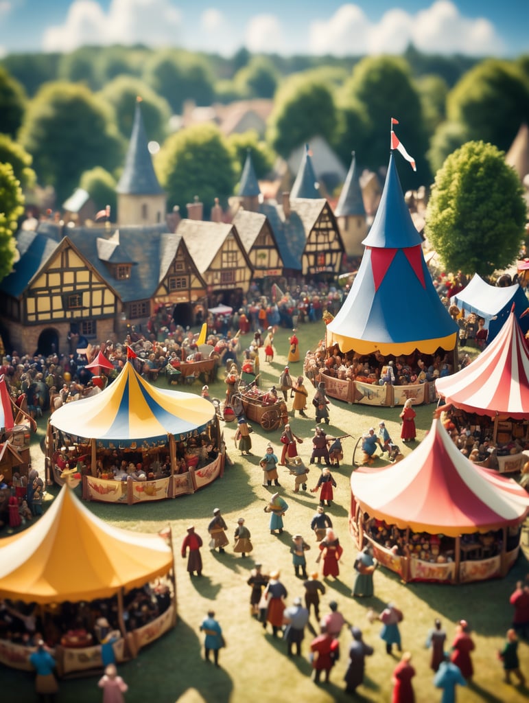 A medieval-inspired creative concept is depicted in a tilt-shift photograph capturing the joyful ambiance of a village fete and fair