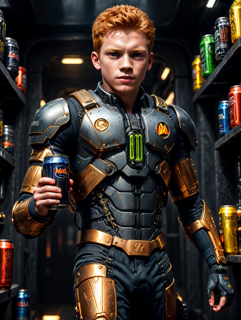 Ginger boy with metal braces and energy drink, full body, original art