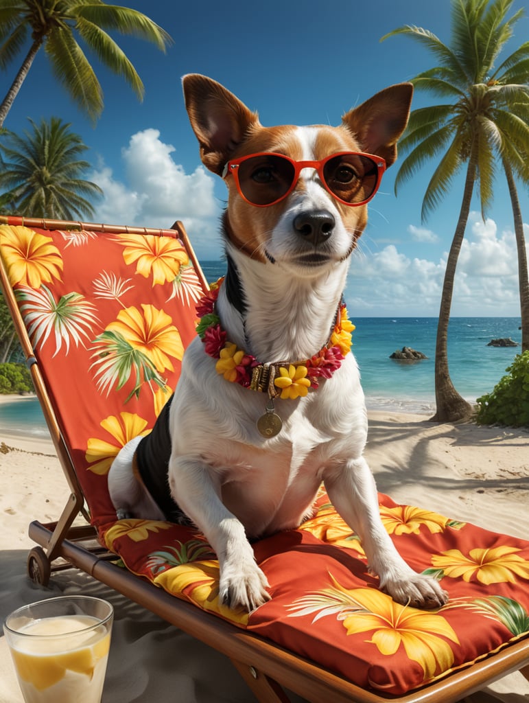 old jack russell laying on a sun bed on a caribbean beach with palm trees, wearing sunglasses and a hawaiian shirt, holding a pina colada