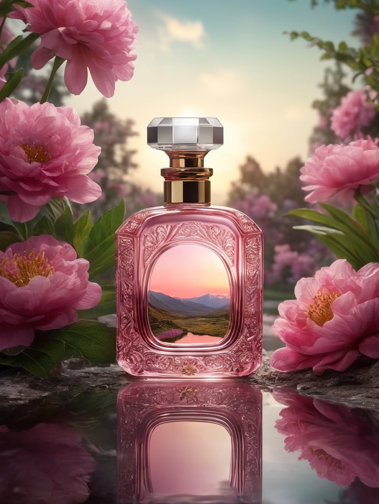 A bottle of perfume with pink flowers on the top, dreamlike atmosphere, bright,product view, luxury brands, mirror, careful design, surreal water, quiet pastoral scenes, Canon shooting, depth of field, focusing on perfume,soft focus,Render, best quality, 8K,