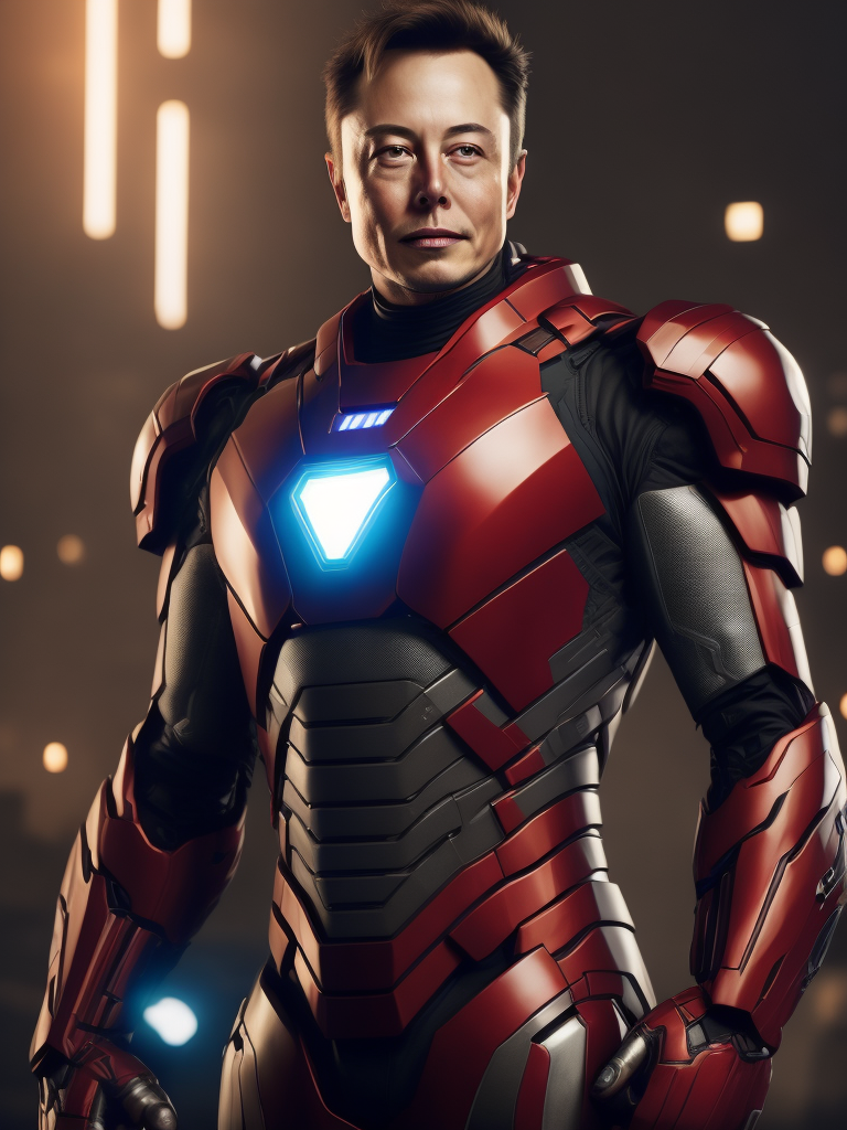Elon Musk in the Iron Man suit from the Marvel Universe, Full body, high definition, photography, cinematic, detailed character portrait, detailed and intricate environment, Bright red color