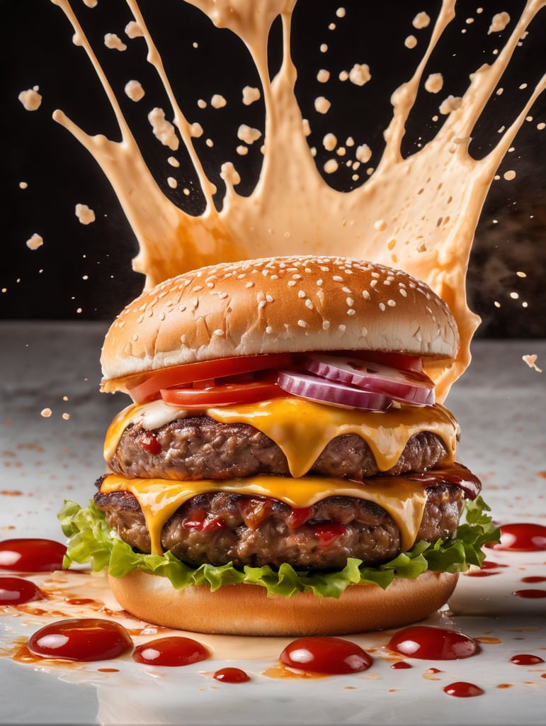 the moment after a burger explodes from inside, splitting it in two and splattering fragments in all directions, scattering ketchup and cream, very fast shutter speed, volumetric lighting, Reflective glass plate behind and below