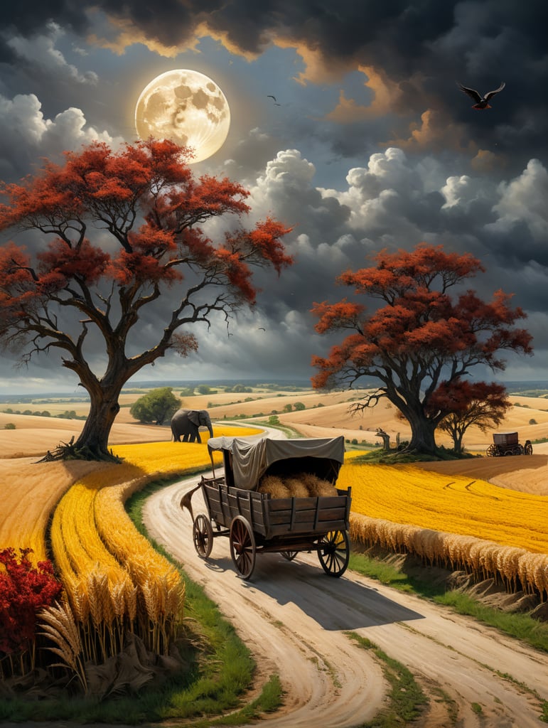 A hurricane wind along the road going into the distance bends brown trees growing in a field of wheat, along the road a elephant carries an old wooden cart with gray bags of grain on which red birds sit, crows and yellow doves fly in the cloudy sky, the moon is shining, the sun is rising, illuminating the field with rays, impressionism, impasto, fantasy,
