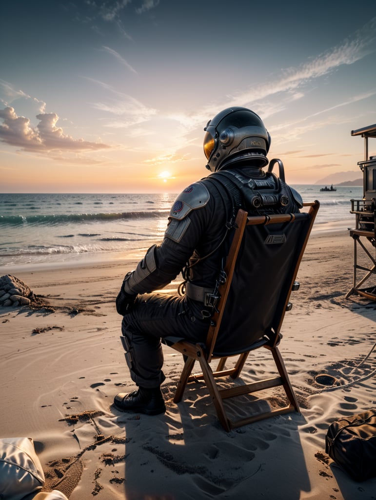 An astronaut sitting on a beach chair on a beautiful beach. With the sunset in the background.
